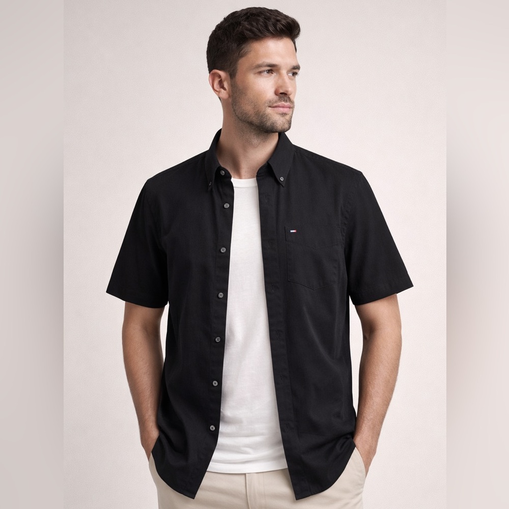 Tommy Hilfiger Button-Down Shirt City Poplin Black Cotton Short Sleeve Men’s M